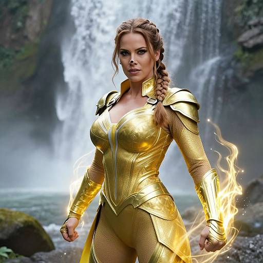 Photorealistic digital art of a fierce, blonde woman in golden, flame-emitting armor standing before a majestic waterfall. Her braided hair contrasts with