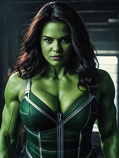 Photograph of a muscular, green-skinned woman with long dark hair, wearing a green, zip-up, strapless bodysuit, standing in