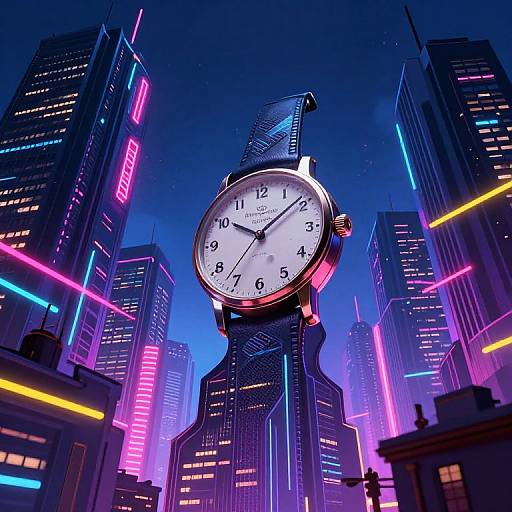 Neon-lit cityscape with a giant wristwatch in the center, surrounded by glowing skyscrapers in vibrant pink, blue, and purple lights