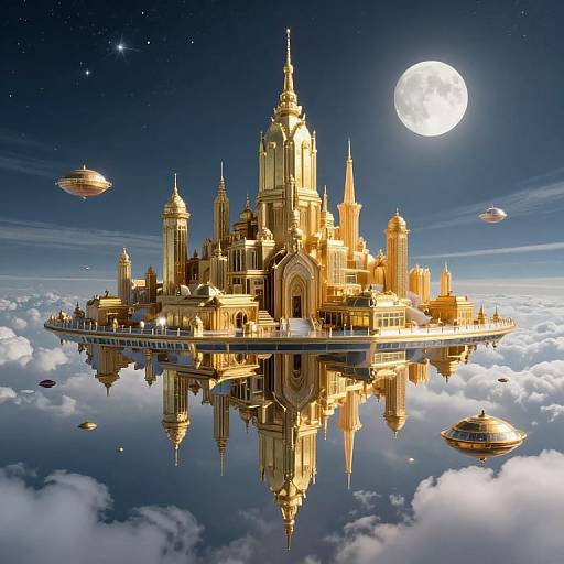 Digital artwork of a golden, futuristic city floating in the sky, reflected in a calm, cloud-covered ocean, under a bright full moon and starry