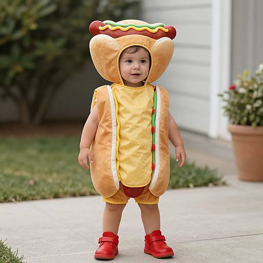 Photograph of a toddler in a yellow hot dog costume with red shoes, standing on a concrete porch, green lawn background.