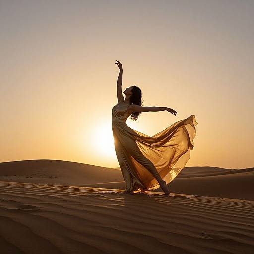 Silhouetted woman in flowing dress dances in golden desert sunset, arm raised, dress billowing, sun low on horizon, sand dunes.