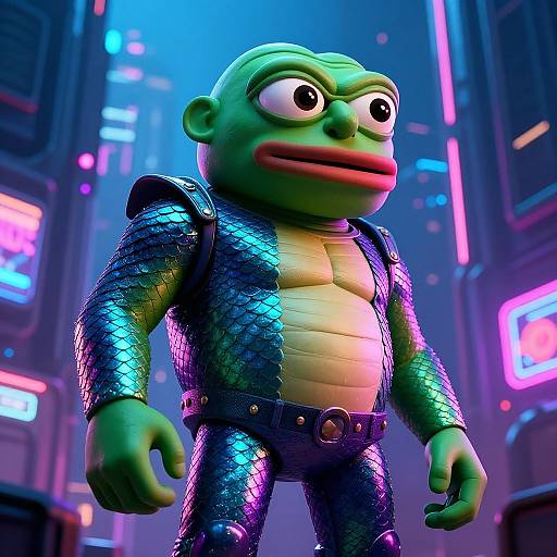 Giga Pepe in Cyberpunk Cityscape