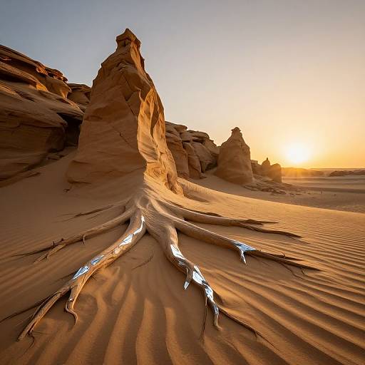 Photograph of a sunlit desert landscape featuring towering, eroded rock formations with exposed roots in the sand, casting long shadows at sunset.