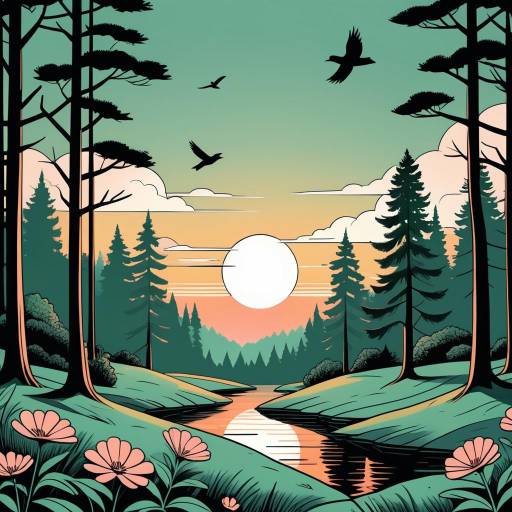 Sunset Over Forest River with Birds