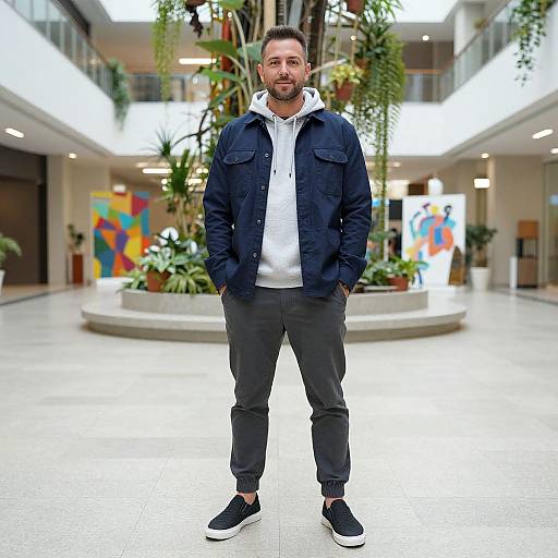 Stylish Man in Atrium Overhead Shot