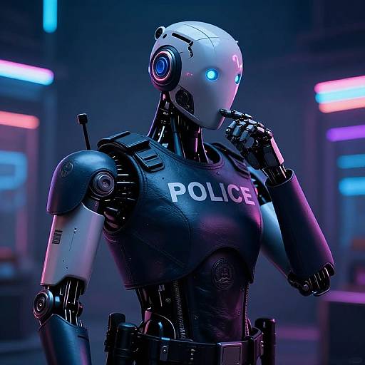 CGI image of a futuristic, white-faced female robot police officer with glowing blue eyes, black armor, and 