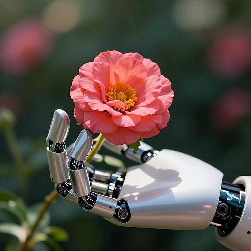 Photograph of a robotic hand with shiny silver joints gently holding a vibrant pink flower with a yellow center against a blurred green background.