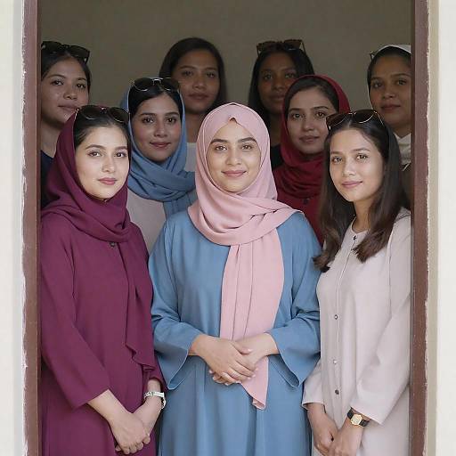 Joyful Women in Colorful Attire at Doorway