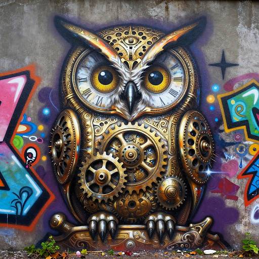 Nocturnal Clockwork Owl Neo-Baroque Mural