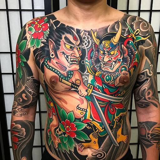 Tattooed Asian man with colorful, intricate oni demon and samurai tattoos on chest and arms, standing against shoji screen.