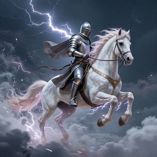 Digital artwork of a silver-armored knight on a white horse, galloping amidst lightning and clouds, with a dark, stormy sky background.