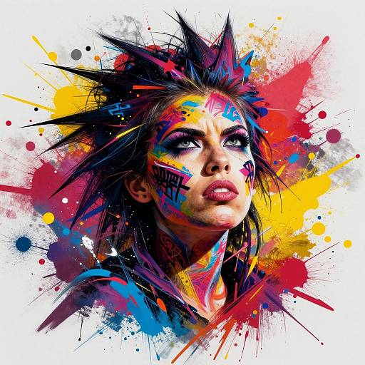 Digital portrait of a woman with spiked black hair, vividly painted face, and colorful abstract splatter background in bold reds, yellows, blues