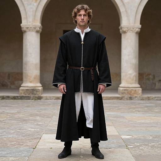 Photograph of a man with curly brown hair, wearing a black medieval-style robe with white inner garment, standing in a stone courtyard with arched columns