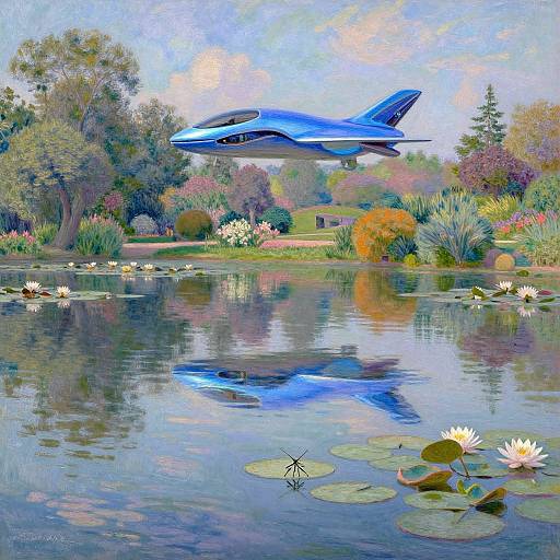 Digital painting of a futuristic blue jet hovering over a serene, colorful garden pond with lilies, trees, and reflections.