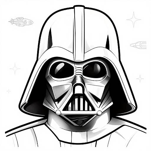 Black-and-white digital drawing of Darth Vader's iconic helmet and mask, featuring large, round eye holes and a distinct mouthpiece, with bold, thick