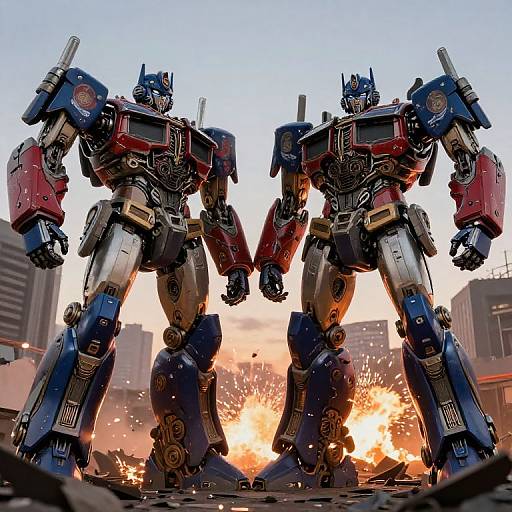 Photograph of two towering, red and blue Transformers standing back-to-back in a cityscape, with an explosion behind them, showcasing detailed mechanical armor and