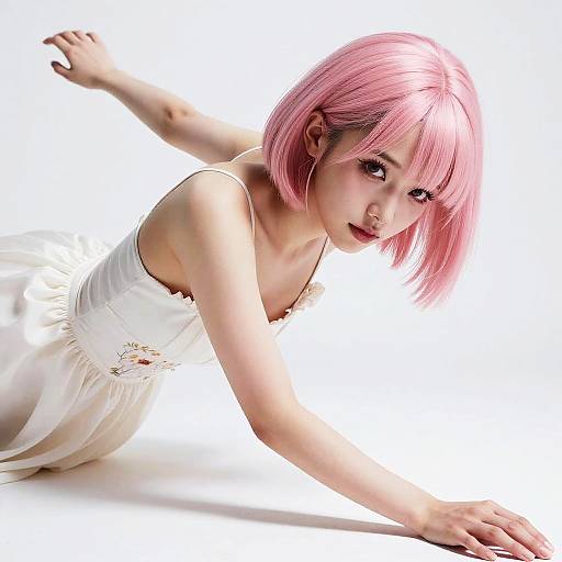 Young Woman with Pink Hair in White Dress