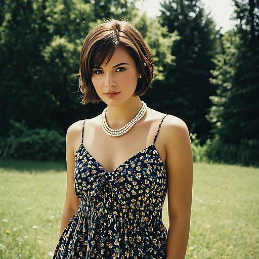 Woman in Floral Summer Dress with Pearl Necklace Outdoors