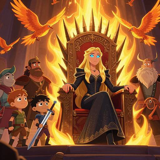 Digital art: Blonde queen with blue eyes, black dress, and crown sits on fiery throne with ornate spikes, surrounded by adventurers and fiery birds.