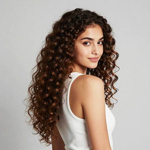 Photograph of a young woman with long, curly brown hair, wearing a white sleeveless top, looking over her shoulder with a slight smile against a