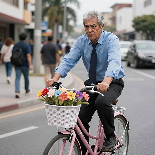 Urban Ride: Intense Man on Pink Bicycle