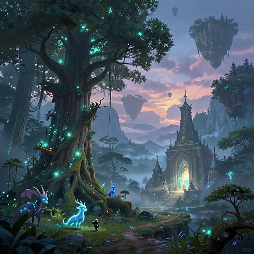 Fantasy digital art: luminous forest at sunset, glowing blue creatures, giant tree with bioluminescent lights, mystical floating island, and a