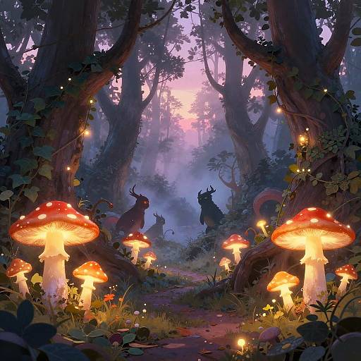 Enchanted Forest at Twilight with Glowing Mushrooms