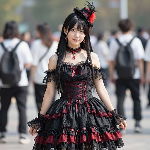 Photograph of an Asian woman with long black hair, wearing a gothic black and red lace dress, choker, and feathered hat, standing