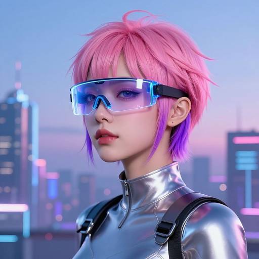 CGI image of a pale-skinned, pink and purple-haired woman in a shiny silver latex suit and blue virtual reality visor, standing in a