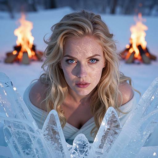 Photograph of a blonde woman with blue eyes, wearing an off-shoulder white top, surrounded by ice with two fire pits in a snowy background