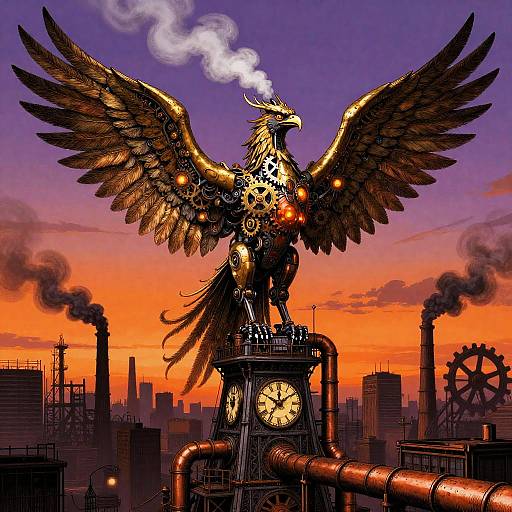 Mechanical Phoenix Over Industrial Cityscape at Dusk