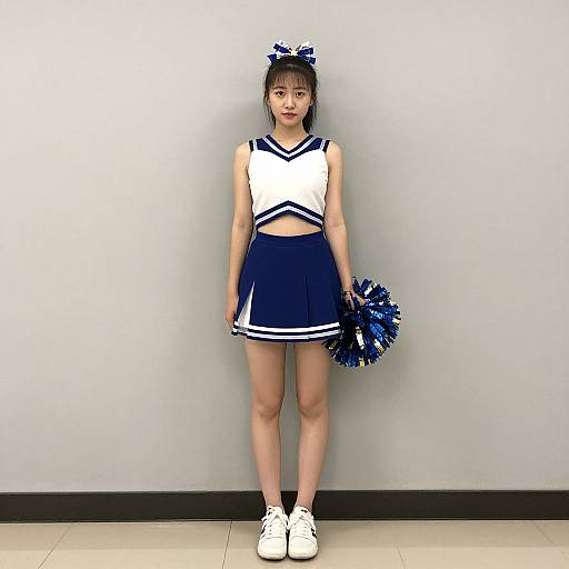 Photograph of an Asian teenage girl in a navy and white cheerleader outfit with pom-poms, standing against a plain gray wall.