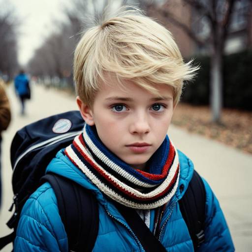 Blond Boy with Scarf and Backpack Outdoors