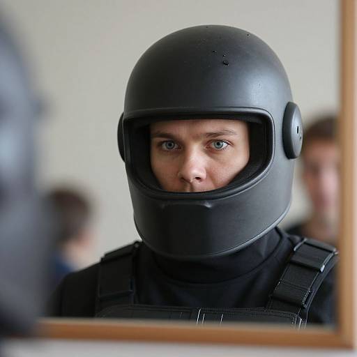 Photograph of a serious man with blue eyes, wearing a black riot helmet and tactical vest, reflected in a mirror. Blurred background.