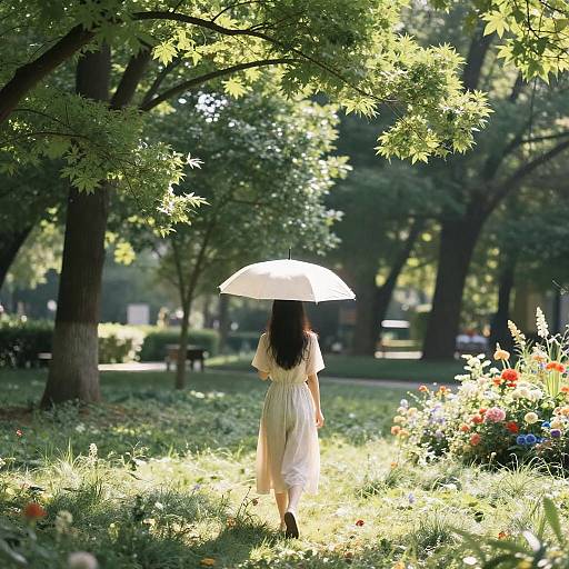 Girl Strolling with Umbrella in Lush Park
