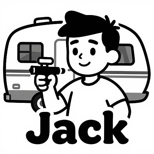 Black-and-white cartoon of a smiling man with short black hair, holding a camera in front of a van, with 