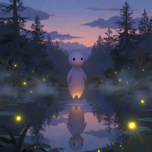Digital artwork of a cute, white, cartoonish creature standing in a reflective pond at twilight, surrounded by glowing fireflies and silhouetted trees