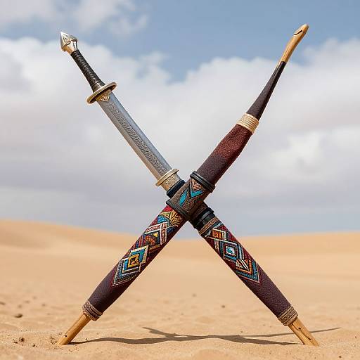 Photograph of two crossed swords with intricate tribal patterns, gold accents, and ornate hilts, standing in a sandy desert under a blue sky with