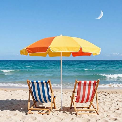 Sunny Beach with Striped Lounge Chairs