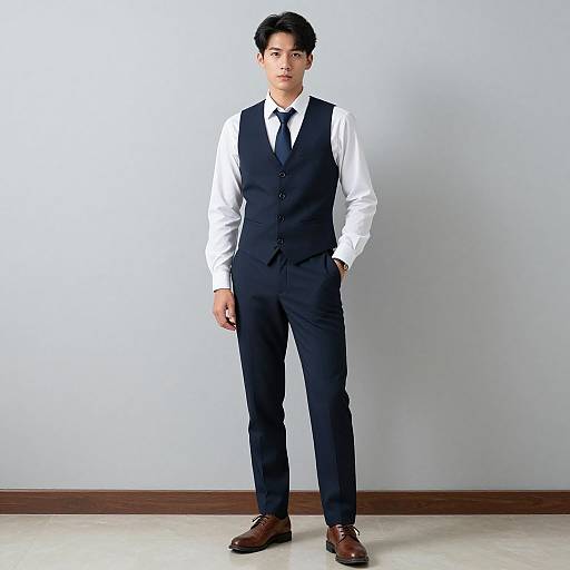 Photograph of a young Asian man with short black hair, wearing a white shirt, black vest, black tie, and dark trousers, standing against a