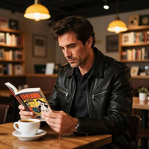 Photograph of a handsome, dark-haired man in a black leather jacket reading a comic book at a cozy café, with a cup of coffee on a