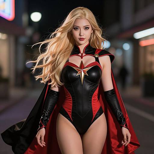 Confident Heroine in Neon Cityscape