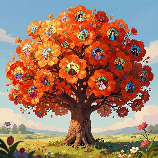 Digital painting of a vibrant tree with large, orange flowers each containing colorful, circular stained glass patterns, set against a bright blue sky and green meadow