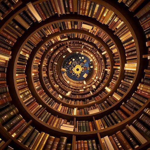 Photograph of a circular library ceiling with multiple concentric shelves filled with illuminated, colorful books, centered around a blue and gold celestial-themed clock.