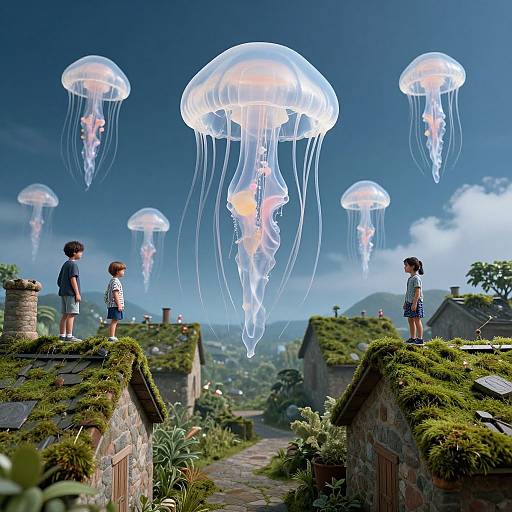 Digital art: Two children standing on moss-covered rooftops, gazing at glowing jellyfish floating above a quaint, greenery-covered village.