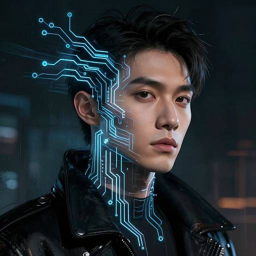 Digital artwork of an Asian man with black hair, glowing blue circuit patterns on his face and neck, wearing a black leather jacket, against a dark,