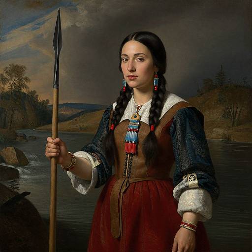 Photorealistic painting of a young woman with dark braided hair, wearing traditional Native American attire, holding a spear, standing by a river with a