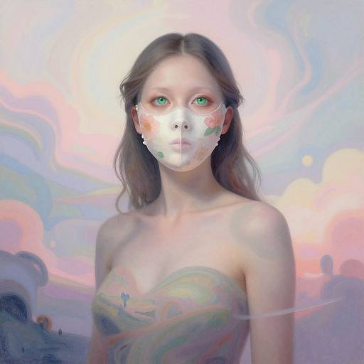 Digital art of a fair-skinned woman with green eyes, wearing a transparent mask with floral patterns, against a dreamy, pastel-colored background.