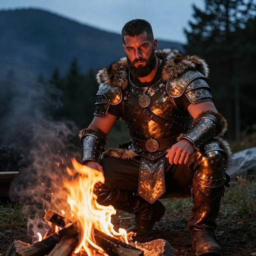 Photograph of muscular bearded man in metallic Viking armor with fur trim, crouching by a roaring campfire at dusk in a forested mountain